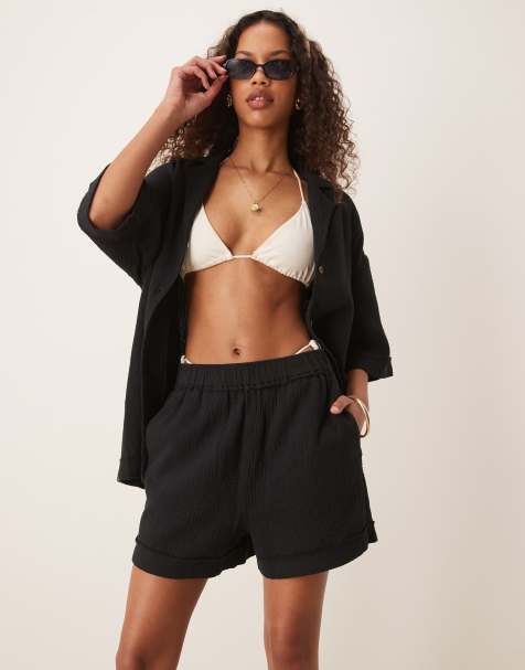 ASOS DESIGN cheesecloth pull on shorts with raw edge detail co-ord in black