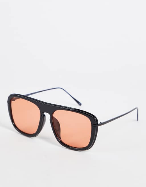 ASOS DESIGN – Czarne okulary przeciwsłoneczne aviator z pomarańczowymi soczewkami