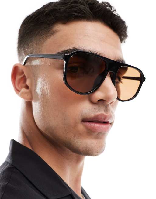 ASOS DESIGN – Czarne okulary przeciwsłoneczne typu aviator z brązowymi szkłami
