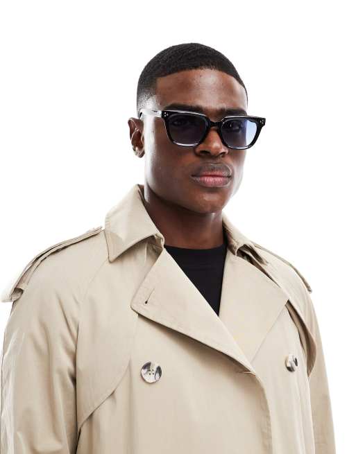 ASOS DESIGN – Czarne okulary przeciwsłoneczne w stylu retro z niebieskimi szkłami