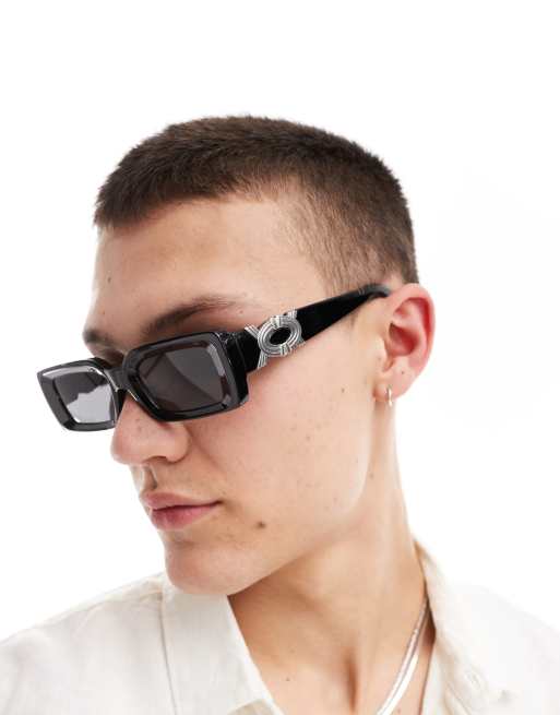 ASOS DESIGN – Czarne okulary przeciwsłoneczne z grubymi oprawkami ze ściętymi krawędziami i detalami w kolorze srebrnym