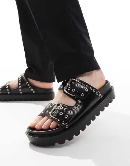 ASOS DESIGN – Czarne poliuretanowe sandały na masywnej podeszwie z zapięciem na klamry i ozdobnymi przelotkami w kolorze srebra