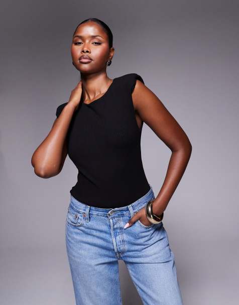 ASOS DESIGN rib shoulder pad bodysuit in black