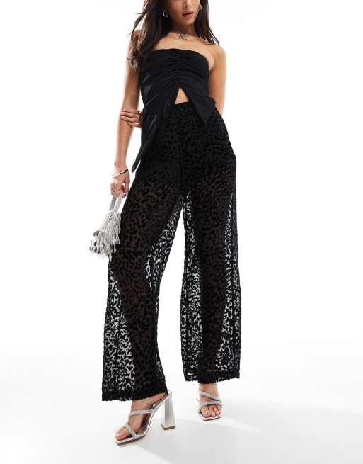 ASOS DESIGN – Czarne prześwitujące spodnie wciągane w wypalony zwierzęcy wzór