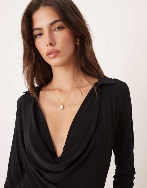 ASOS DESIGN – Czarne przylegające body z głębokim drapowanym dekoltem, 4 z 4