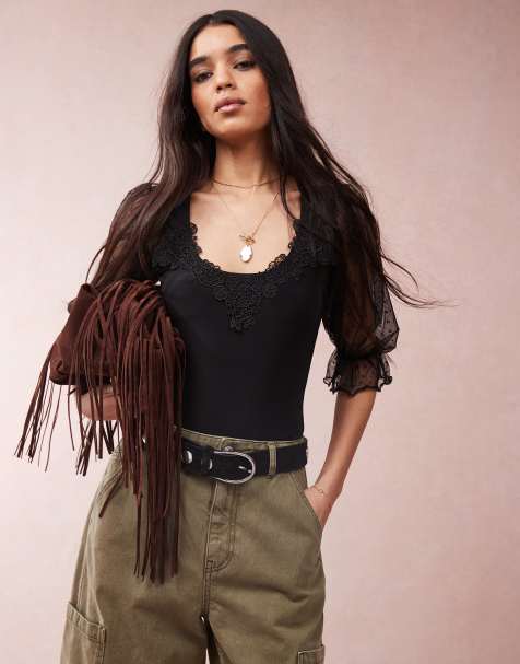 ASOS DESIGN sweetheart neck puff sleeve dobby mesh bodysuit in black