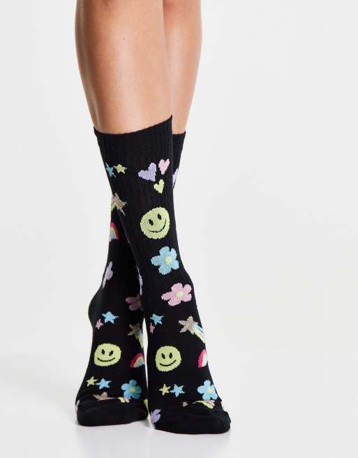 ASOS DESIGN – Czarne skarpetki do pół łydki ze wzorem w stylu lat 90.