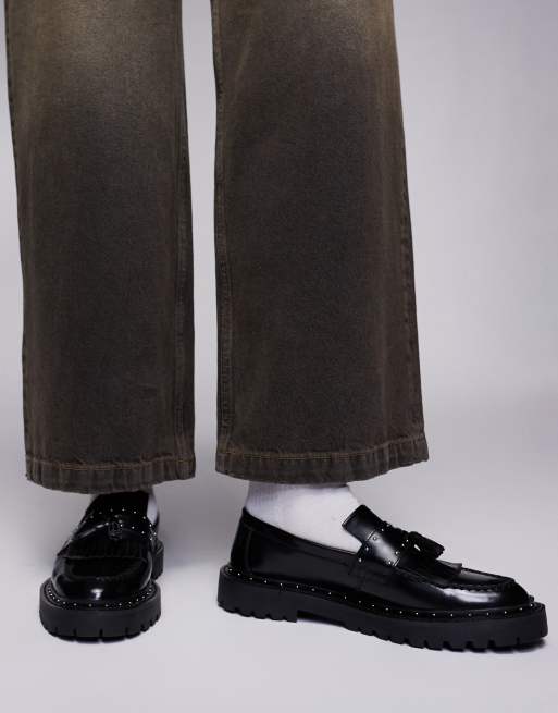 ASOS DESIGN – Czarne skórzane loafersy penny na grubej podeszwie ze srebrnymi metalowymi detalami