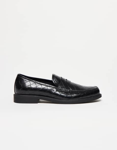 ASOS DESIGN – Czarne skórzane loafersy penny z fakturą tkaniny - view 1