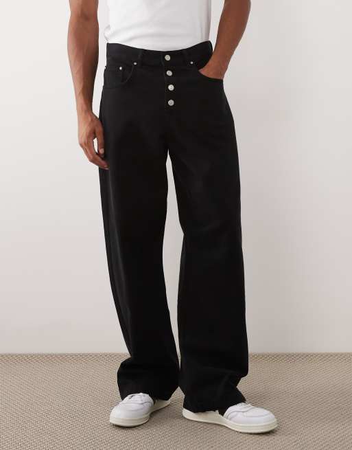 ASOS DESIGN – Czarne spodnie baggy z wyeksponowanymi guzikami, 2 z 5
