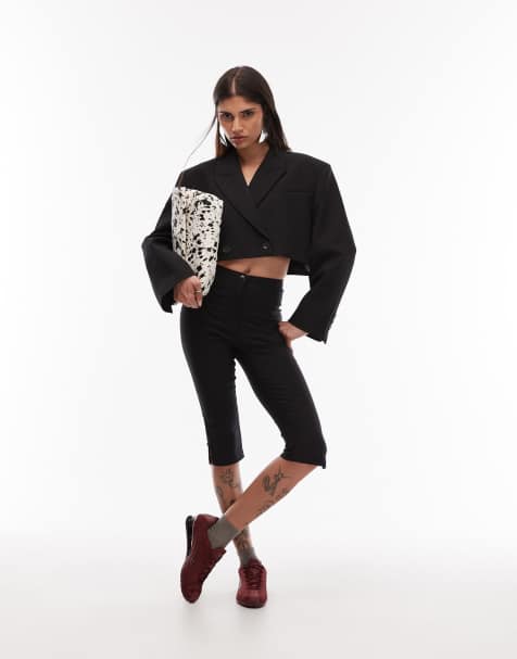 ASOS DESIGN seam detail split capri trouser in black