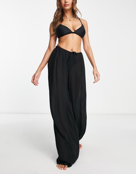 ASOS DESIGN – Czarne spodnie plażowe typu palazzo ściągane na sznurek - view 1