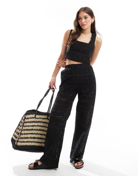 ASOS DESIGN – Czarne spodnie z haftem angielskim, część zestawu - view 1