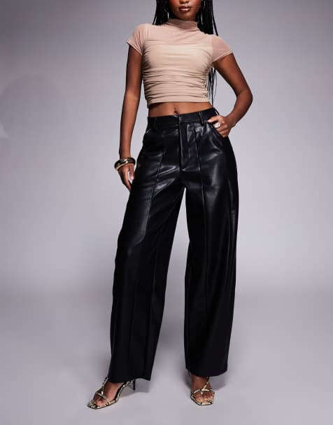 ASOS DESIGN leather look seam detail barrel leg trouser in black