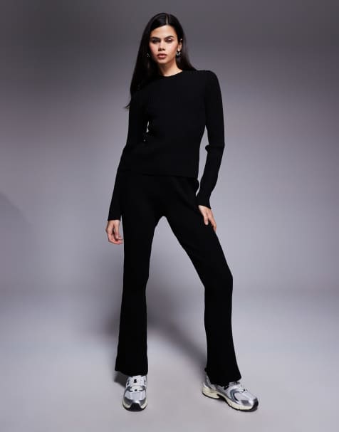 ASOS DESIGN – Czarne spodnie z prążkowanej dzianiny z rozszerzanymi nogawkami, część zestawu - view 1