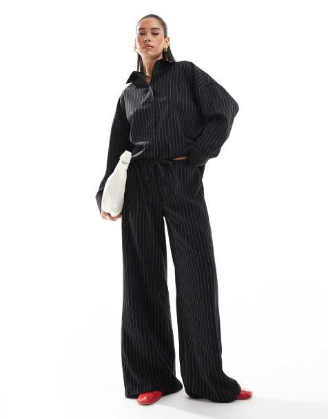ASOS DESIGN – Czarne spodnie z szerokimi nogawkami w prążki - view 1