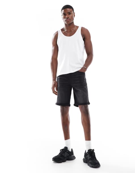 ASOS DESIGN stretch slim regular length denim shorts in washed black
