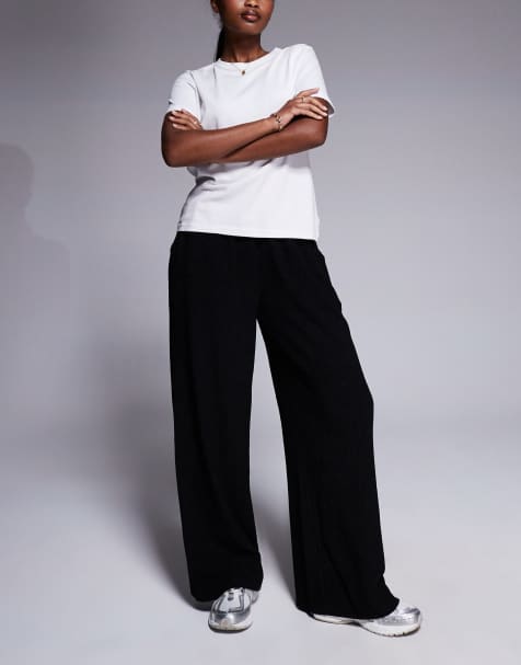 ASOS DESIGN textured wide leg trouser in black