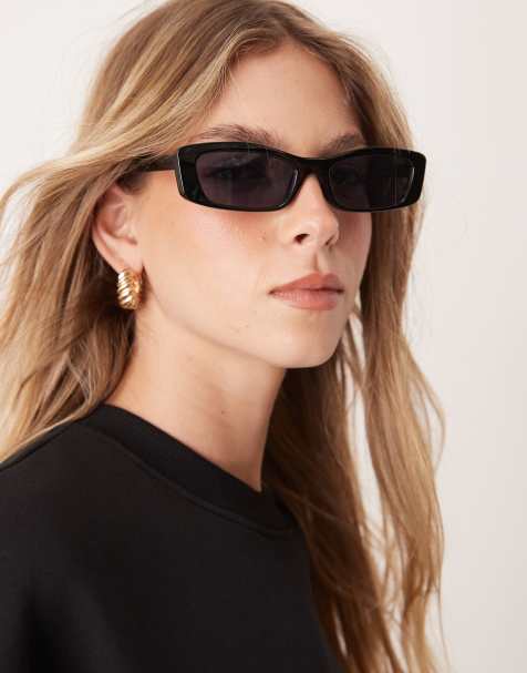 ASOS DESIGN – Czarne wąskie okulary przeciwsłoneczne w prostokątnych, lśniących oprawkach - view 1
