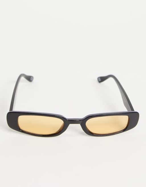 ASOS DESIGN – Czarne wąskie prostokątne okulary przeciwsłoneczne z bursztynowymi soczewkami w stylu lat 90.