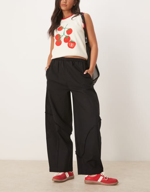 ASOS DESIGN – Czarne wciągane spodnie barrel z domieszką lnu z surowym wykończeniem
