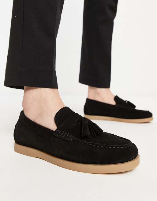 ASOS DESIGN – Czarne zamszowe mokasyny z podeszwą w kolorze naturalnym
