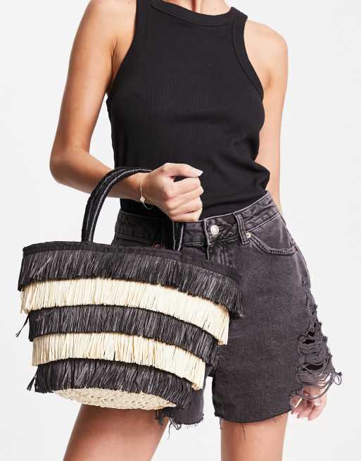 ASOS DESIGN – Czarno-beżowa słomiana torba typu tote z frędzli , 4 z 4