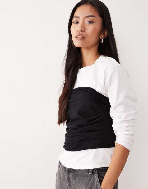 ASOS DESIGN long sleeve fitted tee with waistband detail in black and white