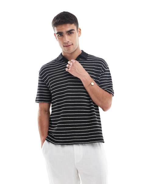 ASOS DESIGN – Czarno-biała fakturowana koszulka polo w paski o pudełkowym kroju - view 1