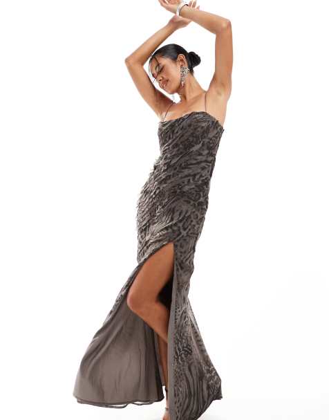 ASOS DESIGN raw edge textured cami maxi dress with ruffles in mono animal