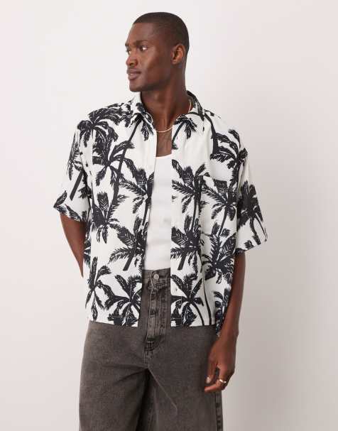 ASOS DESIGN oversized boxy shirt with palm print in mono