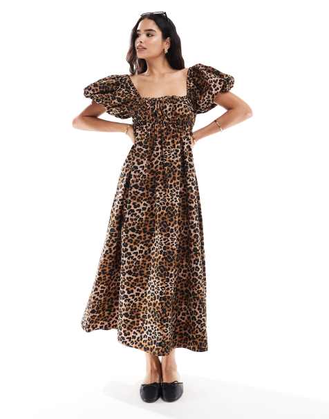 ASOS DESIGN – Czarno-biała luźna sukienka midi z bufkami w zwierzęcy wzór - view 1