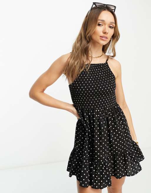ASOS DESIGN – Czarno-biała marszczona letnia sukienka mini z kwadratowym dekoltem i wzorem w grochy