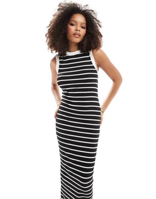 ASOS DESIGN – Czarno-biała prążkowana sukienka midi bez rękawów w paski z zabudowanym dekoltem w stylu lat 90.
