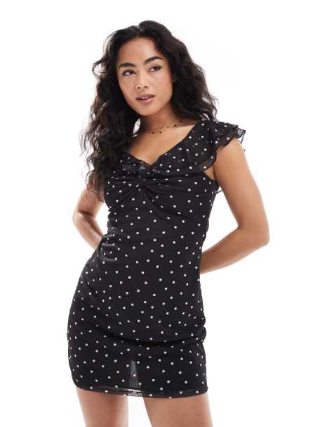 ASOS DESIGN mesh frill shoulder mini dress in mono polka dot