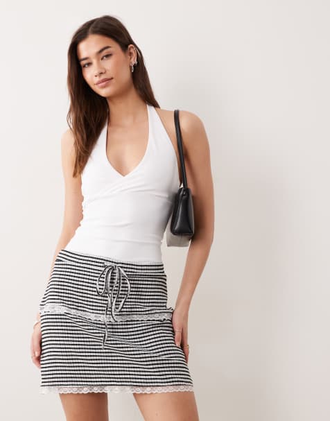 ASOS DESIGN – Czarno-biała spódnica w kratkę vichy z koronkowym wykończeniem, część zestawu - view 1