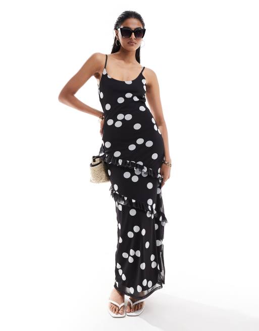 ASOS DESIGN – Czarno-biała sukienka maxi w groszki na cienkich ramiączkach z falbankami i wiązaniem na plecach