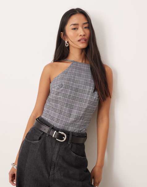 ASOS DESIGN – Czarno-białe dopasowane body w kratkę z dekoltem karo - view 1