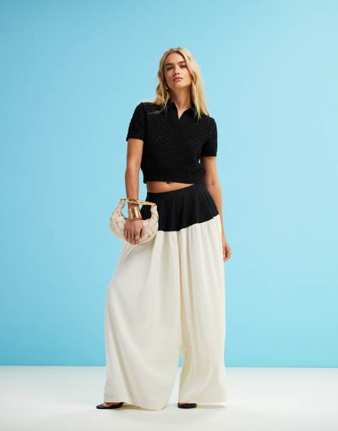 ASOS DESIGN tailored contrast panel oversized trousers with mixed fabric in black and white