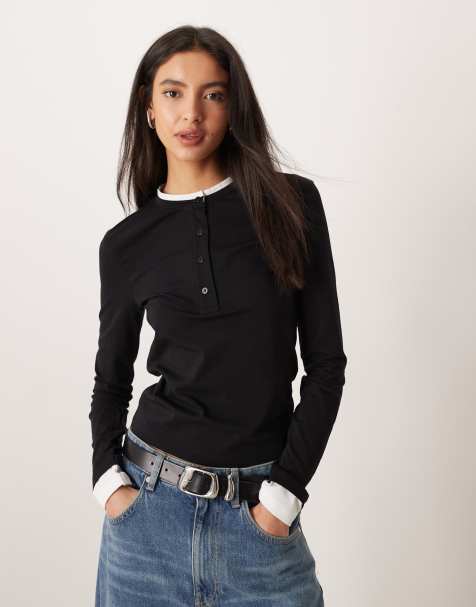 ASOS DESIGN – Czarno-biały dwuwarstwowy top z długimi rękawami i dekoltem henley - view 1