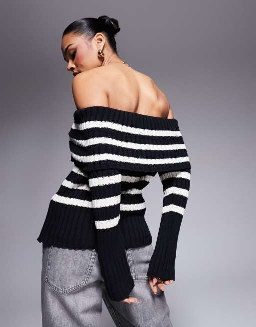 ASOS DESIGN – Czarno-biały dzianinowy sweter oversize z odsłoniętymi ramionami, 4 z 4