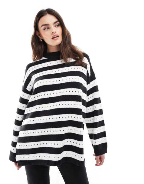 ASOS DESIGN – Czarno-biały sweter w paski o luźnym kroju z ozdobnym ściegiem - view 1
