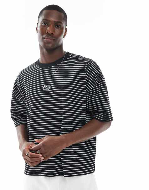 ASOS DESIGN boxy dropped shoulder striped t-shirt in black and white with chest embroidery