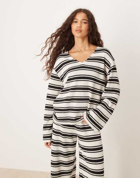 ASOS DESIGN oversized v neck long sleeve co-ord in knit mono stripe
