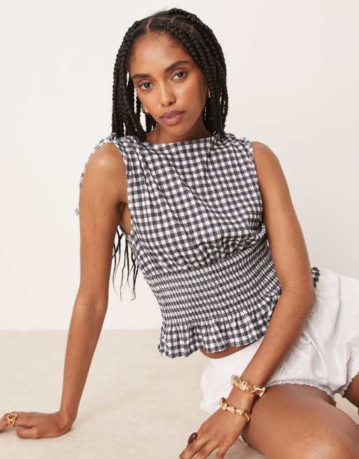 ASOS DESIGN – Czarno-biały top w kratkę vichy z wiązaniem na ramionach i marszczoną talią