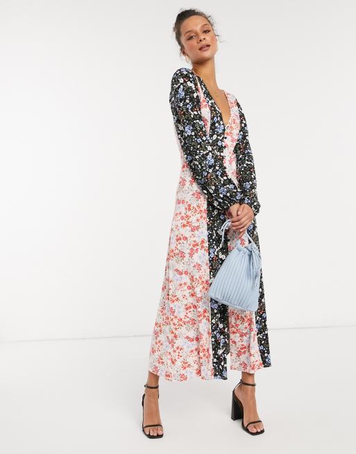 ASOS DESIGN – Czarno-kremowa koktajlowa sukienka maxi w kontrastowe pasy i kwiatowy wzór