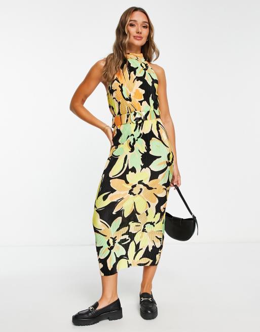 ASOS DESIGN – Czarno-limonkowa plisowana sukienka midi bez rękawów z golfem i paskiem w kwiatowy wzór