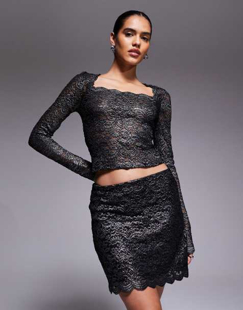 ASOS DESIGN – Czarno-srebrna metaliczna spódnica koronkowa mini - view 1