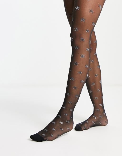 ASOS DESIGN – Czarno-srebrne rajstopy 30 den w gwiazdki z brokatową nicią