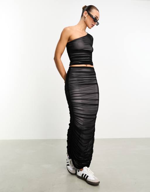 ASOS DESIGN – Czarno-szary zestaw z siateczkową warstwą z marszczoną spódnicą maxi